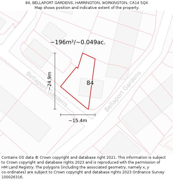 84, BELLAPORT GARDENS, HARRINGTON, WORKINGTON, CA14 5QX: Plot and title map