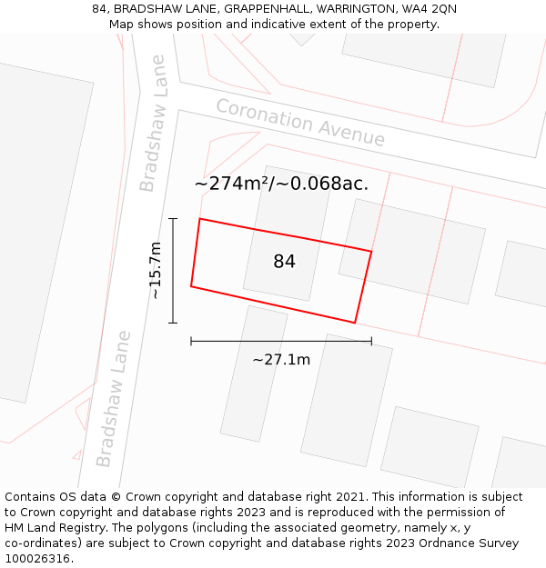 84, BRADSHAW LANE, GRAPPENHALL, WARRINGTON, WA4 2QN: Plot and title map