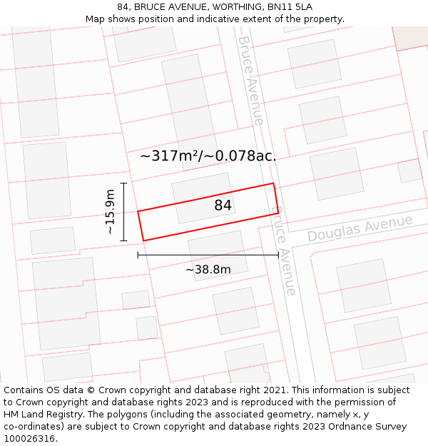 84, BRUCE AVENUE, WORTHING, BN11 5LA: Plot and title map