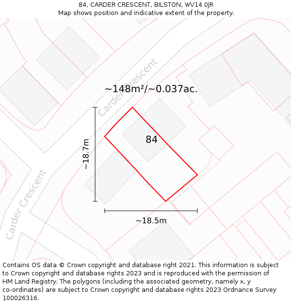 84, CARDER CRESCENT, BILSTON, WV14 0JR: Plot and title map