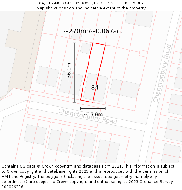 84, CHANCTONBURY ROAD, BURGESS HILL, RH15 9EY: Plot and title map