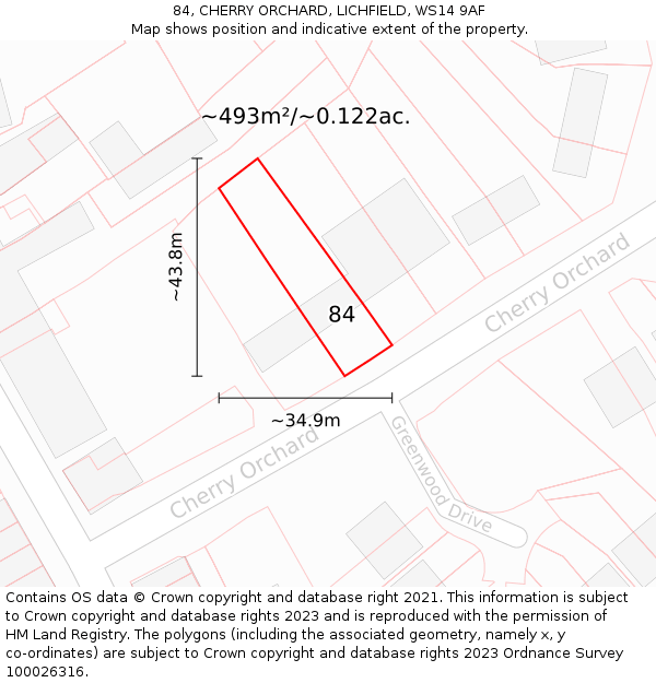 84, CHERRY ORCHARD, LICHFIELD, WS14 9AF: Plot and title map