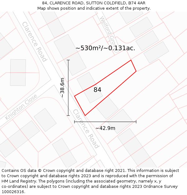 84, CLARENCE ROAD, SUTTON COLDFIELD, B74 4AR: Plot and title map