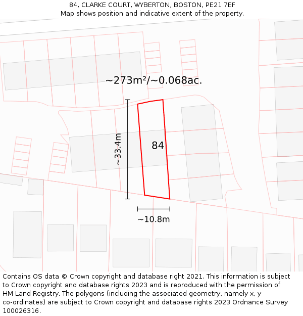 84, CLARKE COURT, WYBERTON, BOSTON, PE21 7EF: Plot and title map