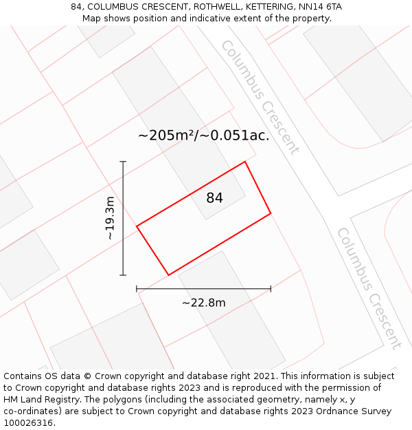 84, COLUMBUS CRESCENT, ROTHWELL, KETTERING, NN14 6TA: Plot and title map