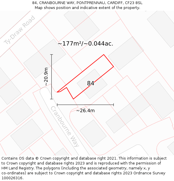 84, CRANBOURNE WAY, PONTPRENNAU, CARDIFF, CF23 8SL: Plot and title map