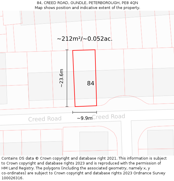 84, CREED ROAD, OUNDLE, PETERBOROUGH, PE8 4QN: Plot and title map