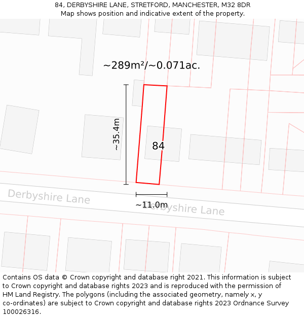 84, DERBYSHIRE LANE, STRETFORD, MANCHESTER, M32 8DR: Plot and title map