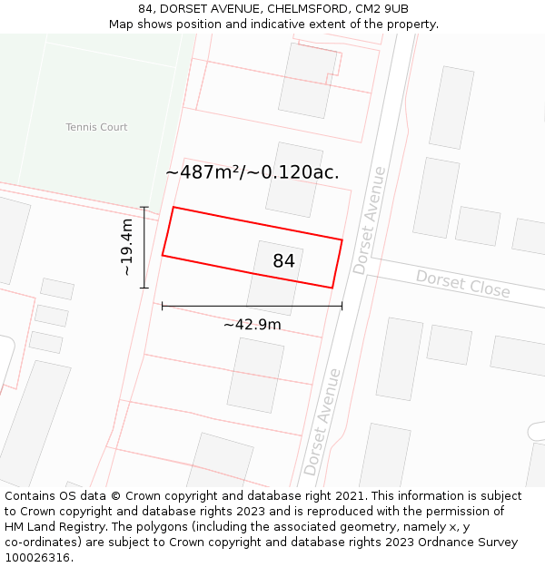 84, DORSET AVENUE, CHELMSFORD, CM2 9UB: Plot and title map