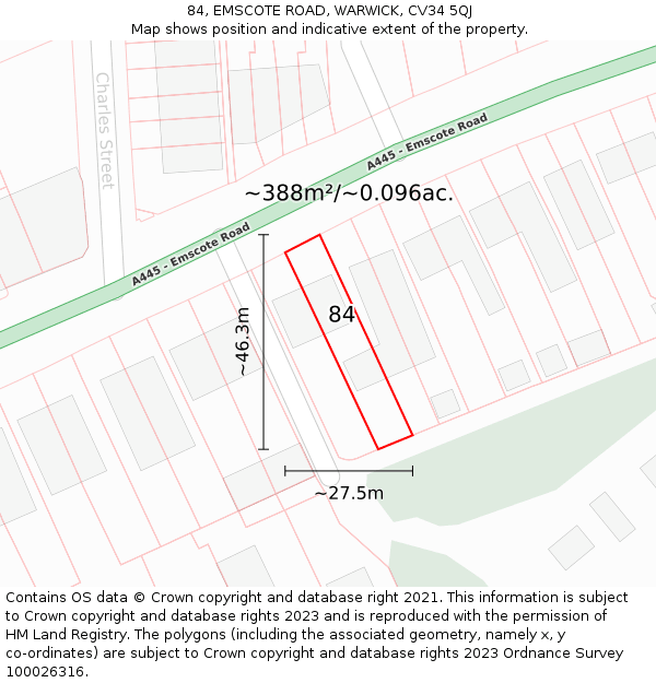 84, EMSCOTE ROAD, WARWICK, CV34 5QJ: Plot and title map