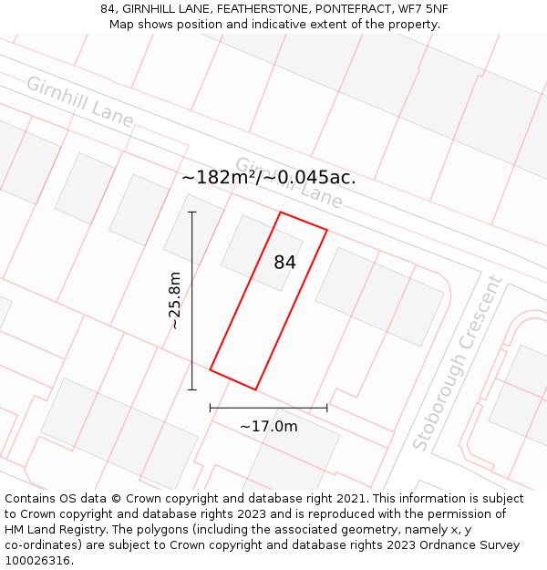 84, GIRNHILL LANE, FEATHERSTONE, PONTEFRACT, WF7 5NF: Plot and title map