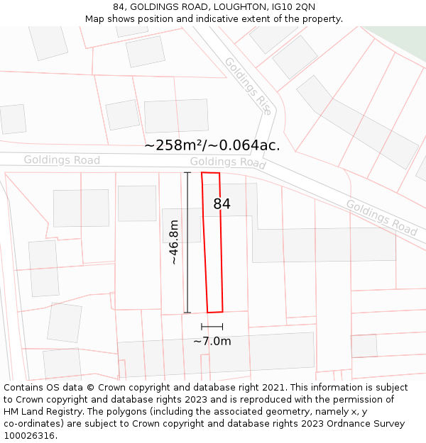 84, GOLDINGS ROAD, LOUGHTON, IG10 2QN: Plot and title map