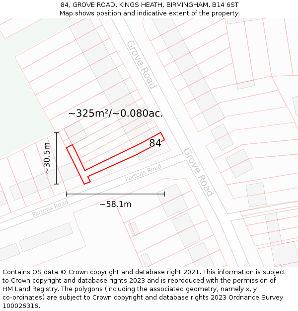 84, GROVE ROAD, KINGS HEATH, BIRMINGHAM, B14 6ST: Plot and title map