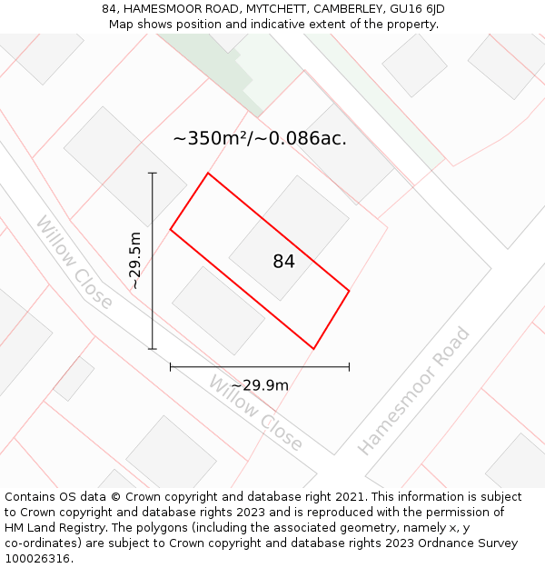 84, HAMESMOOR ROAD, MYTCHETT, CAMBERLEY, GU16 6JD: Plot and title map