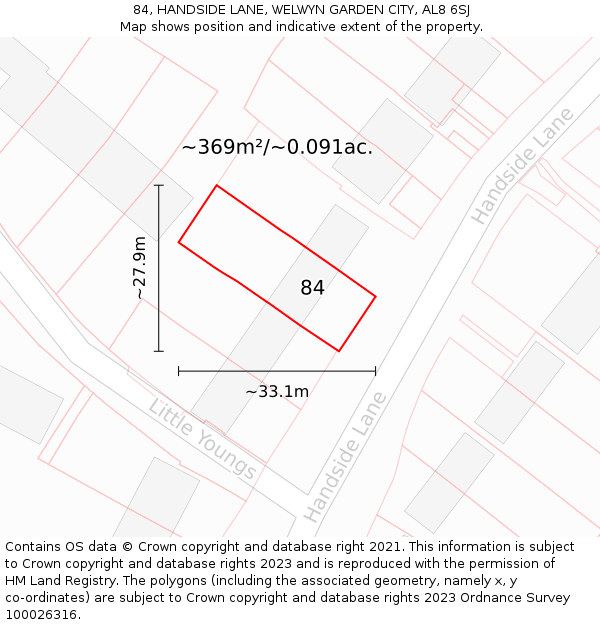 84, HANDSIDE LANE, WELWYN GARDEN CITY, AL8 6SJ: Plot and title map