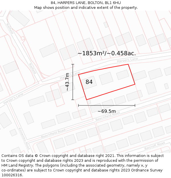 84, HARPERS LANE, BOLTON, BL1 6HU: Plot and title map