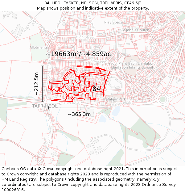 84, HEOL TASKER, NELSON, TREHARRIS, CF46 6JB: Plot and title map