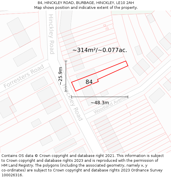 84, HINCKLEY ROAD, BURBAGE, HINCKLEY, LE10 2AH: Plot and title map