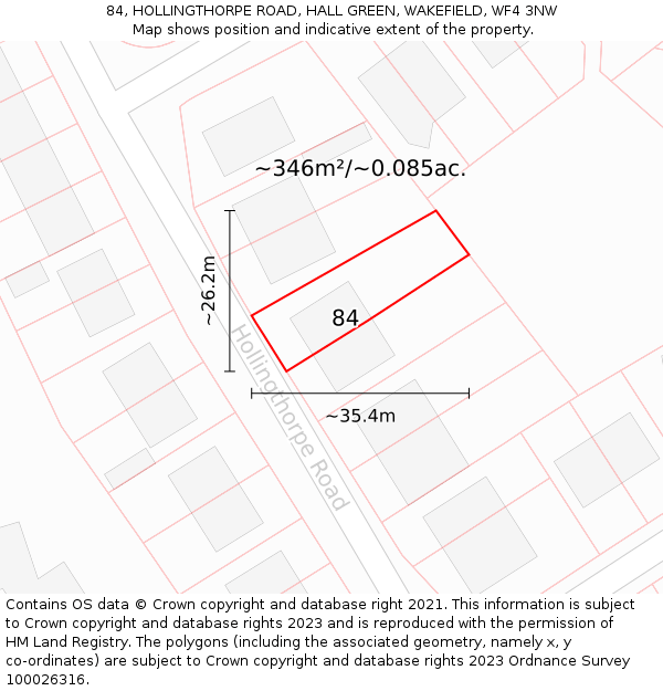 84, HOLLINGTHORPE ROAD, HALL GREEN, WAKEFIELD, WF4 3NW: Plot and title map