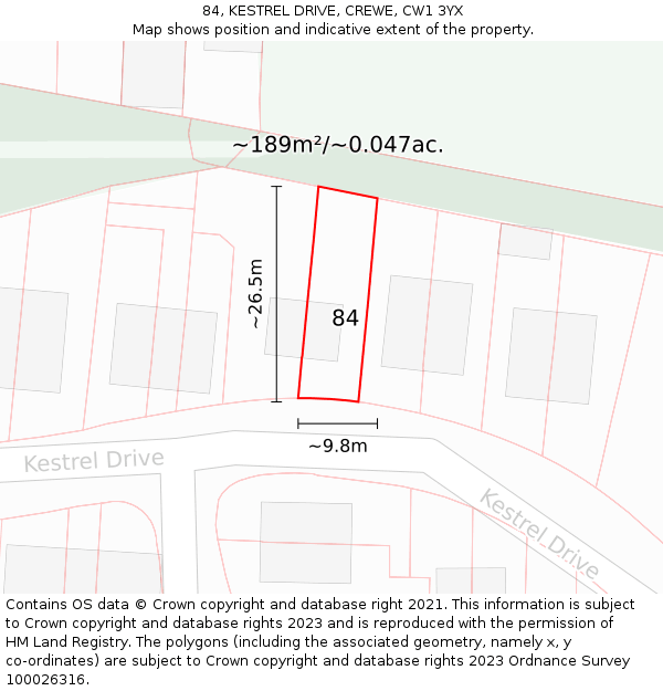 84, KESTREL DRIVE, CREWE, CW1 3YX: Plot and title map