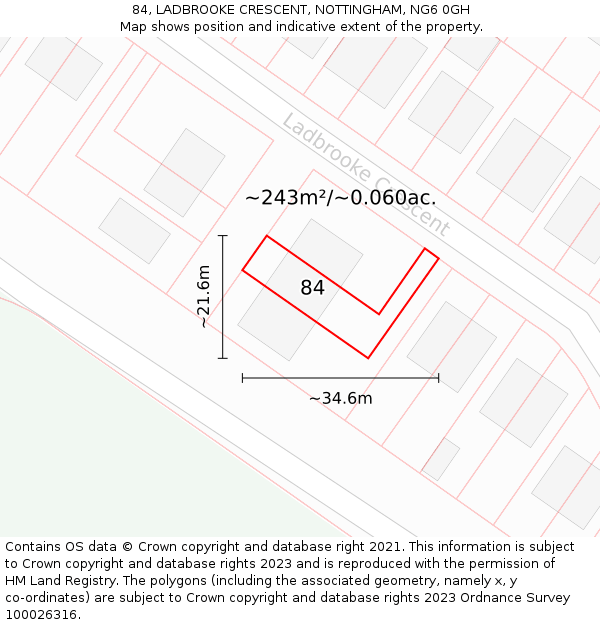 84, LADBROOKE CRESCENT, NOTTINGHAM, NG6 0GH: Plot and title map