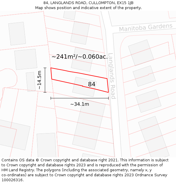 84, LANGLANDS ROAD, CULLOMPTON, EX15 1JB: Plot and title map