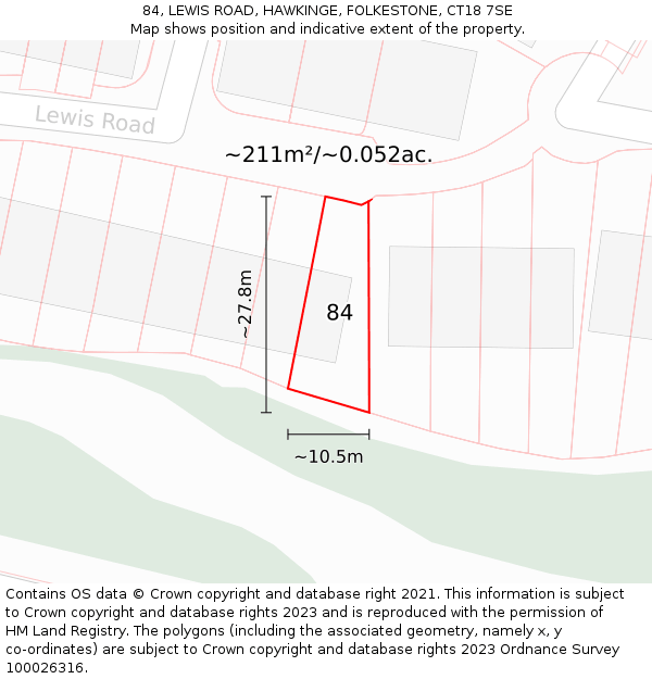 84, LEWIS ROAD, HAWKINGE, FOLKESTONE, CT18 7SE: Plot and title map