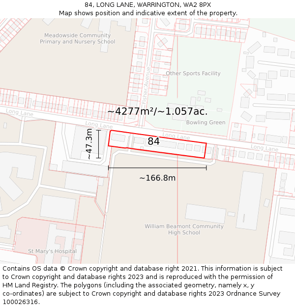 84, LONG LANE, WARRINGTON, WA2 8PX: Plot and title map