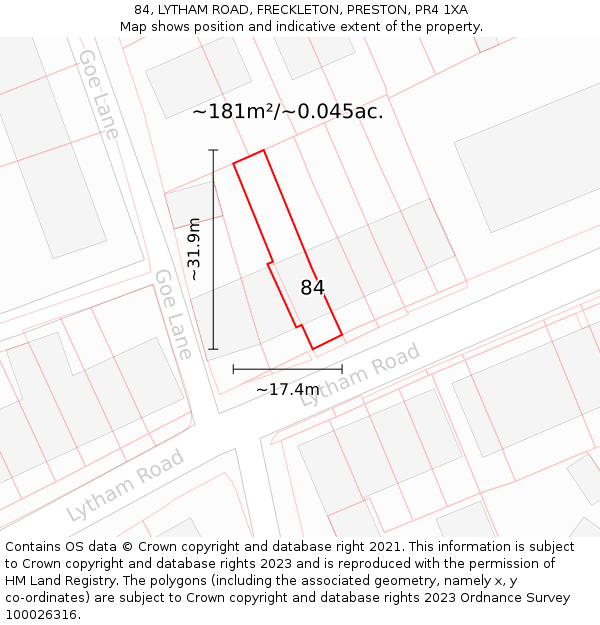 84, LYTHAM ROAD, FRECKLETON, PRESTON, PR4 1XA: Plot and title map