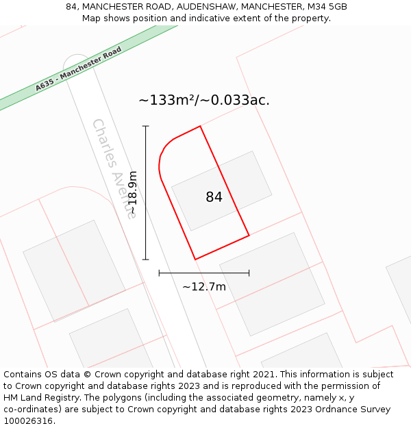 84, MANCHESTER ROAD, AUDENSHAW, MANCHESTER, M34 5GB: Plot and title map