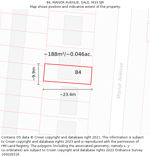 84, MANOR AVENUE, SALE, M33 5JR: Plot and title map