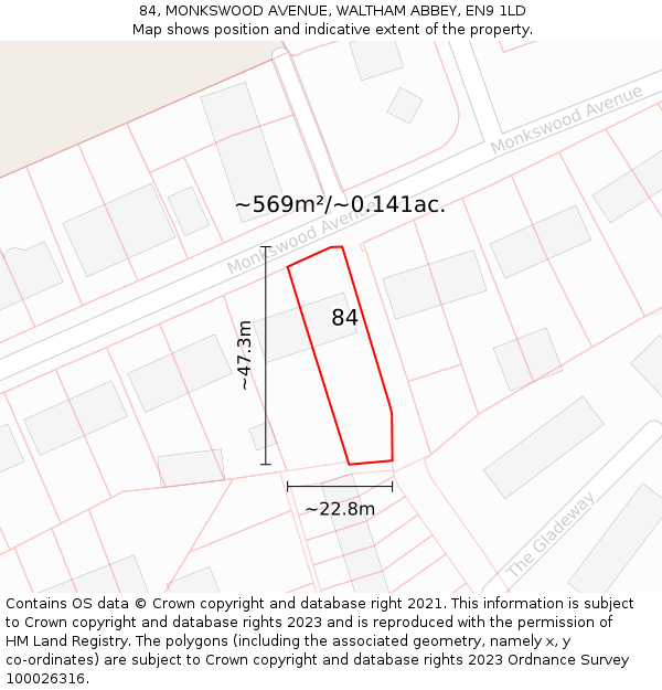 84, MONKSWOOD AVENUE, WALTHAM ABBEY, EN9 1LD: Plot and title map