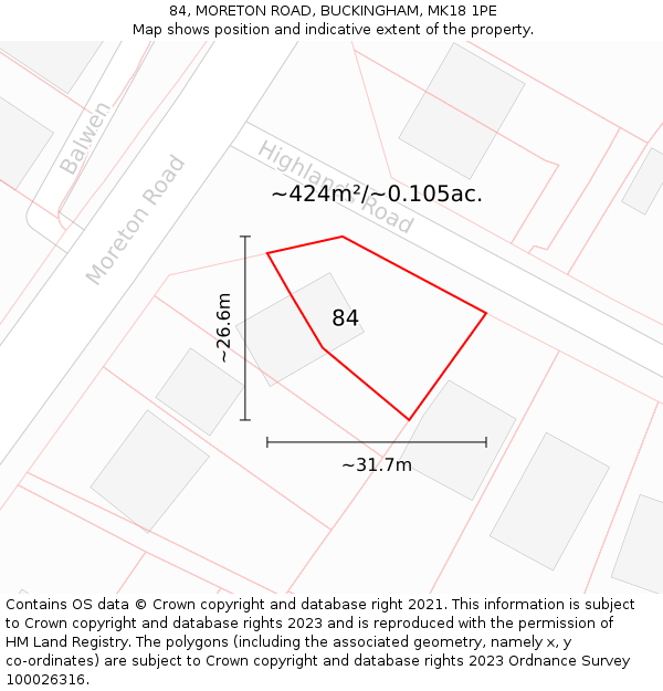 84, MORETON ROAD, BUCKINGHAM, MK18 1PE: Plot and title map