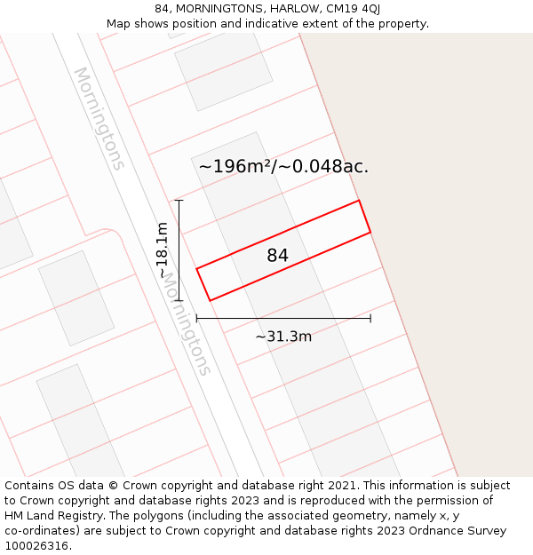 84, MORNINGTONS, HARLOW, CM19 4QJ: Plot and title map