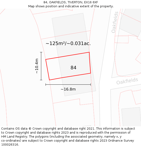84, OAKFIELDS, TIVERTON, EX16 6XF: Plot and title map