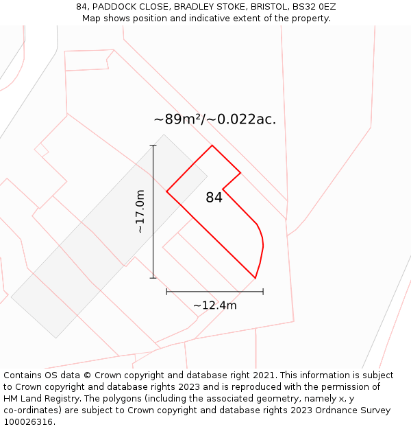 84, PADDOCK CLOSE, BRADLEY STOKE, BRISTOL, BS32 0EZ: Plot and title map