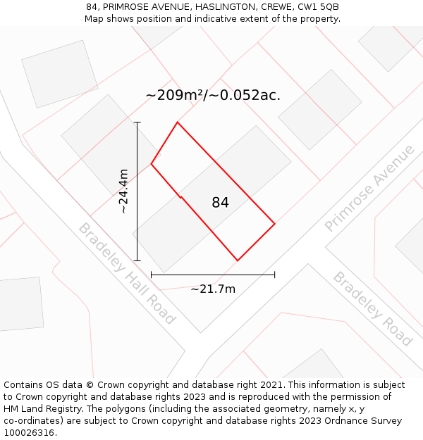 84, PRIMROSE AVENUE, HASLINGTON, CREWE, CW1 5QB: Plot and title map