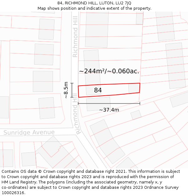 84, RICHMOND HILL, LUTON, LU2 7JQ: Plot and title map