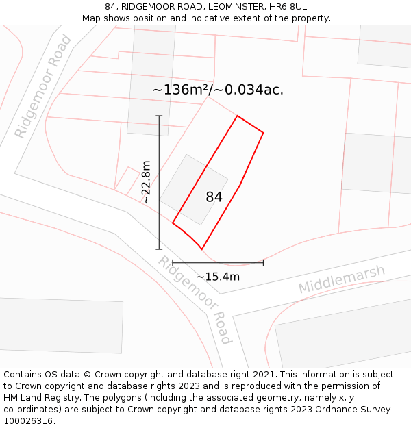 84, RIDGEMOOR ROAD, LEOMINSTER, HR6 8UL: Plot and title map