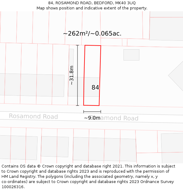 84, ROSAMOND ROAD, BEDFORD, MK40 3UQ: Plot and title map