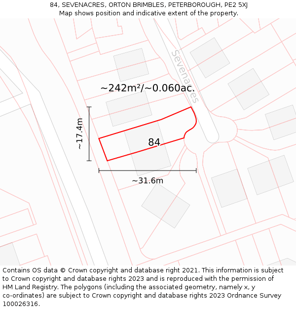 84, SEVENACRES, ORTON BRIMBLES, PETERBOROUGH, PE2 5XJ: Plot and title map