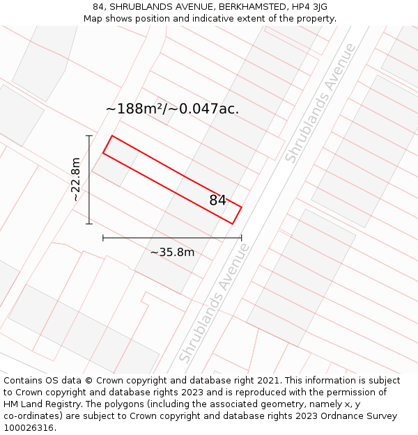 84, SHRUBLANDS AVENUE, BERKHAMSTED, HP4 3JG: Plot and title map