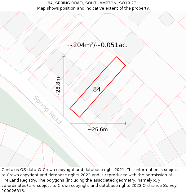 84, SPRING ROAD, SOUTHAMPTON, SO19 2BL: Plot and title map