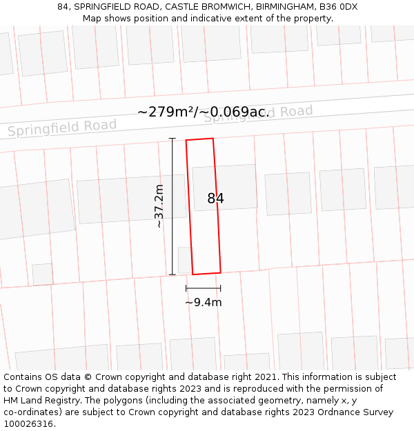 84, SPRINGFIELD ROAD, CASTLE BROMWICH, BIRMINGHAM, B36 0DX: Plot and title map