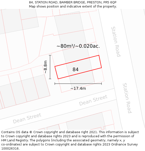 84, STATION ROAD, BAMBER BRIDGE, PRESTON, PR5 6QP: Plot and title map