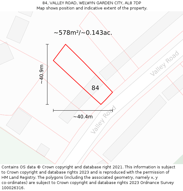 84, VALLEY ROAD, WELWYN GARDEN CITY, AL8 7DP: Plot and title map