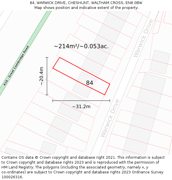 84, WARWICK DRIVE, CHESHUNT, WALTHAM CROSS, EN8 0BW: Plot and title map