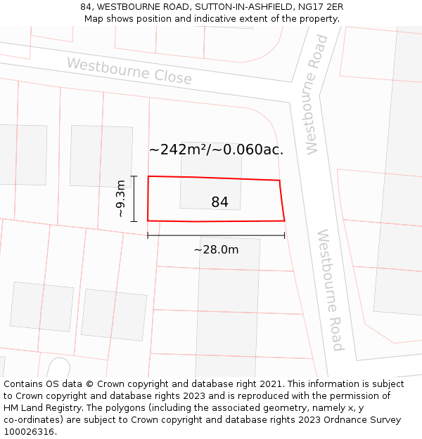 84, WESTBOURNE ROAD, SUTTON-IN-ASHFIELD, NG17 2ER: Plot and title map