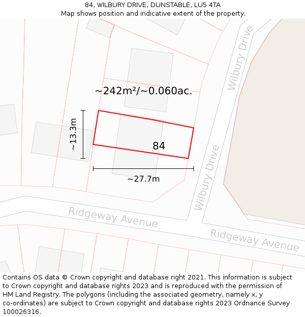 84, WILBURY DRIVE, DUNSTABLE, LU5 4TA: Plot and title map