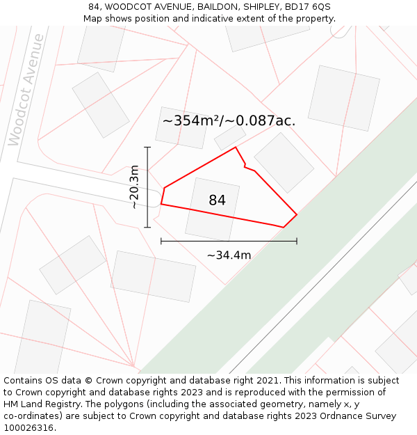 84, WOODCOT AVENUE, BAILDON, SHIPLEY, BD17 6QS: Plot and title map